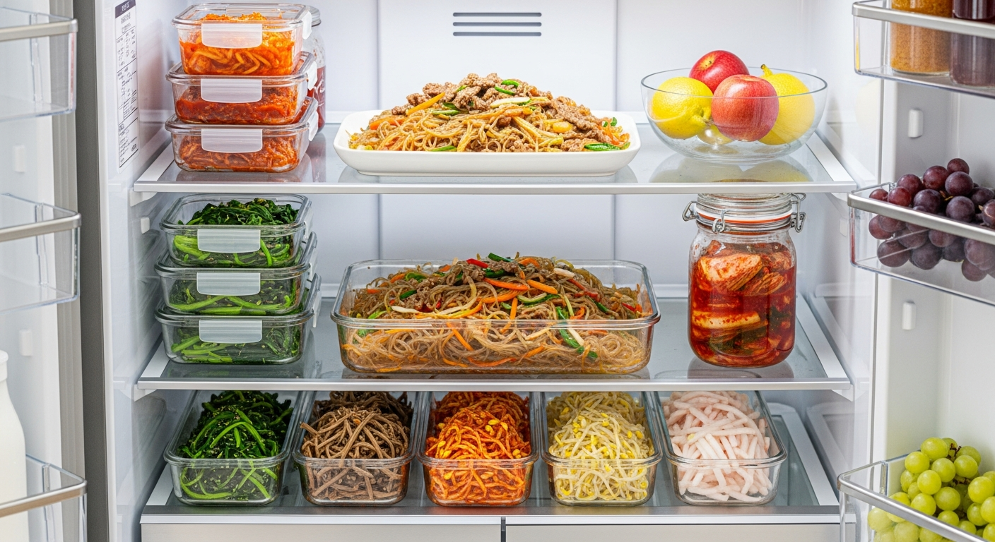 명절 후 냉장고 속에 가지런히 보관된 남은 잡채와 나물 이미지