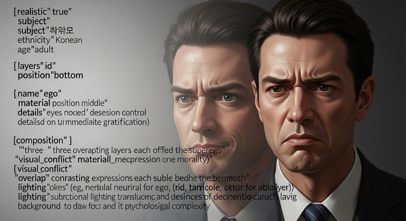 이드, 자아, 초자아의 심리적 갈등을 나타낸 이미지