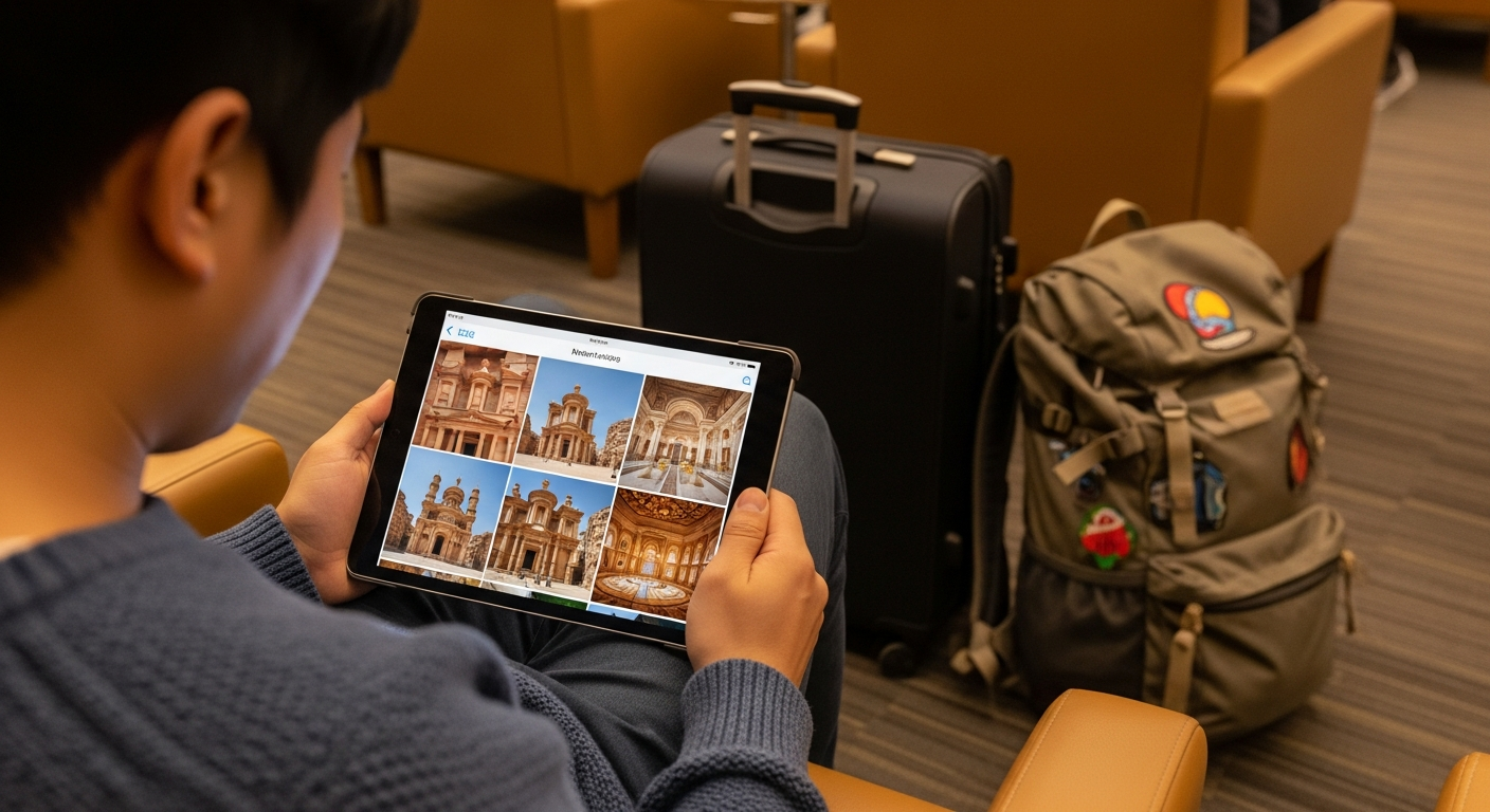 공항 라운지에서 태블릿으로 페트라 피라미드 모스크 사진을 확인하며 여행을 준비하는 한국인 여행자