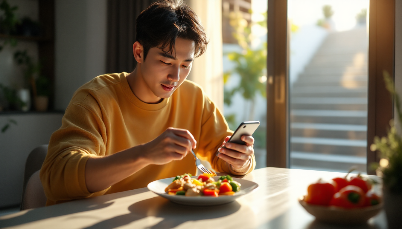식탁에서 스마트폰을 옆에 두고 단백질과 채소 중심 식사를 하는 한국 성인의 마음챙김 식사 실사 이미지