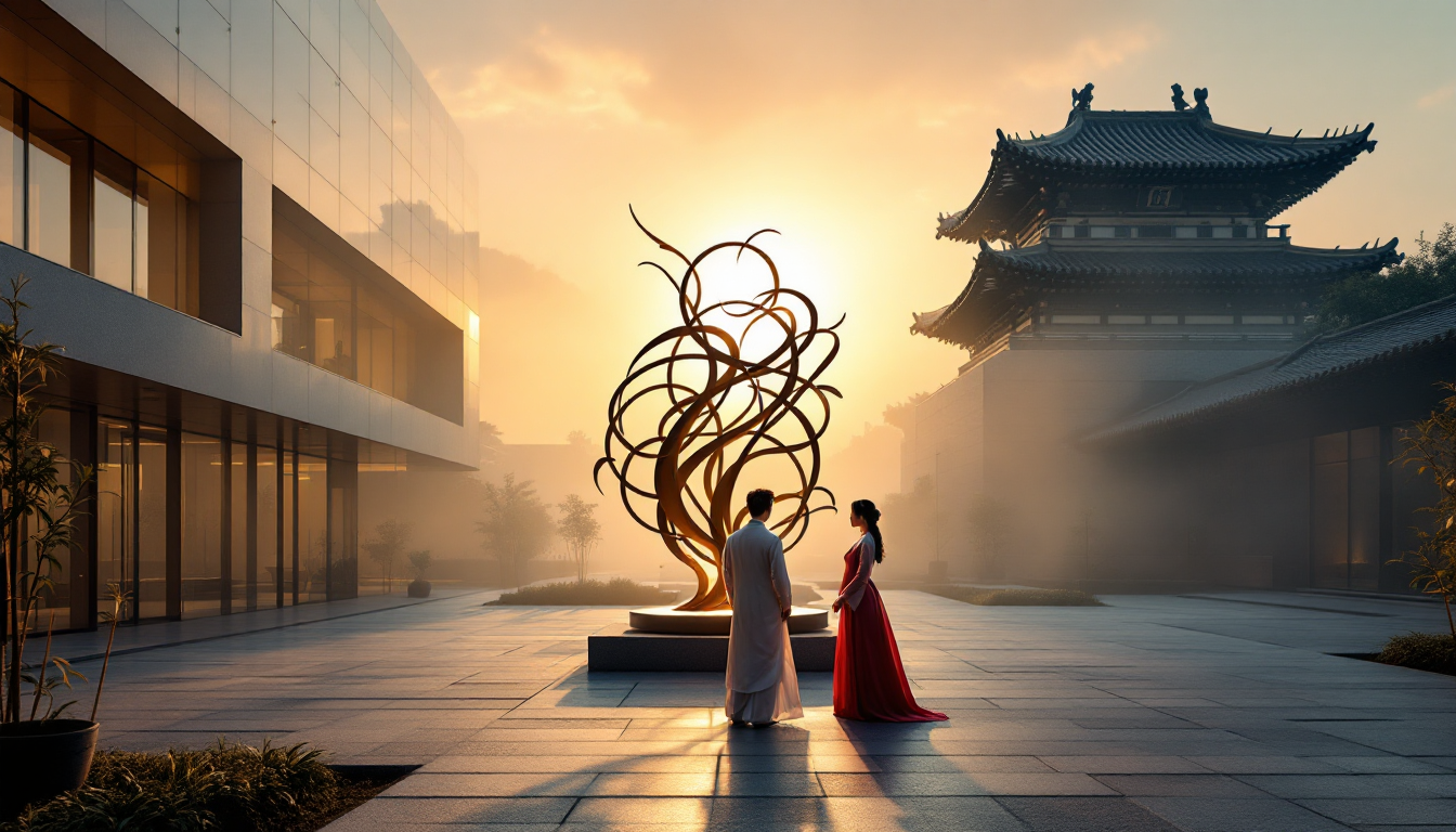 저녁 시간 미술관 마당에서 조각 작품을 감상하는 한국인 커플