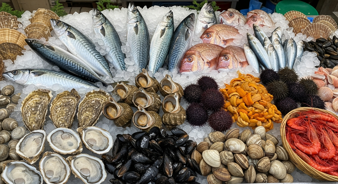 4월 신선한 제철 해산물이 진열된 활기찬 봄 해산물 시장의 모습