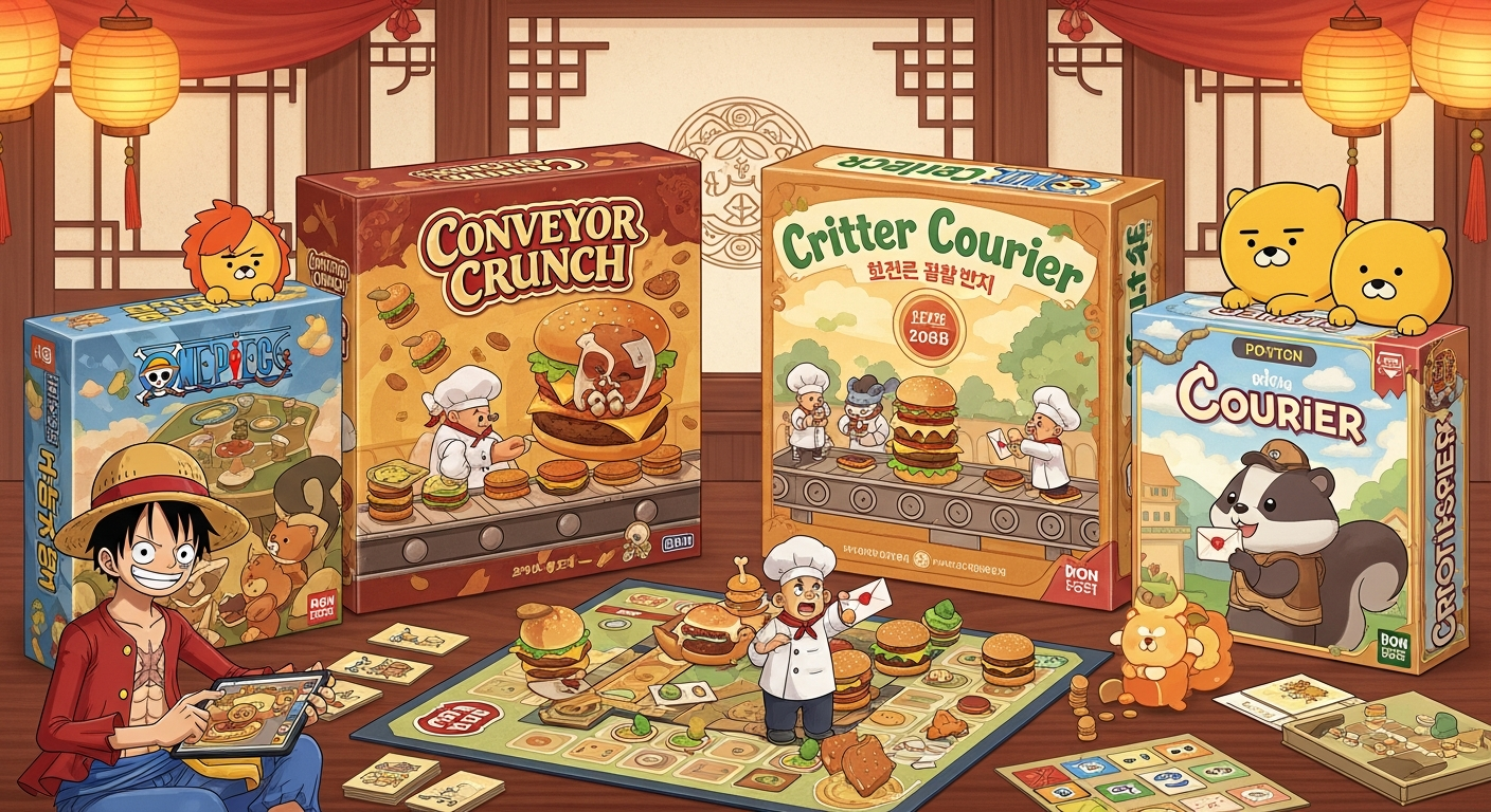 2024년부터 2026년까지 명절용 최신 보드게임 신제품과 인기 캐릭터들이 포함된 화려한 패키지 이미지