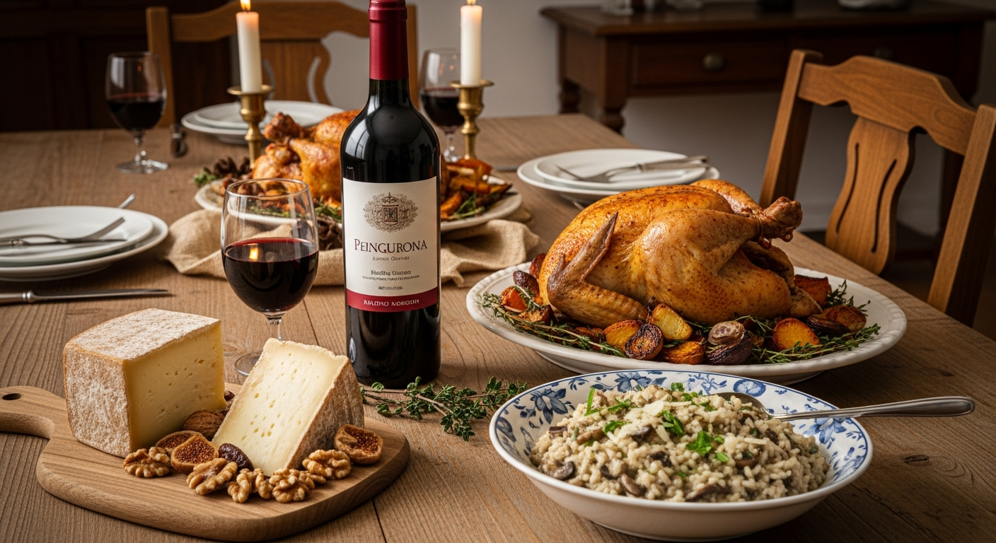 미디엄 바디 와인과 구운 닭고기, 버섯 리조또, 숙성 치즈가 함께 놓인 따뜻한 분위기의 동화풍 일러스트