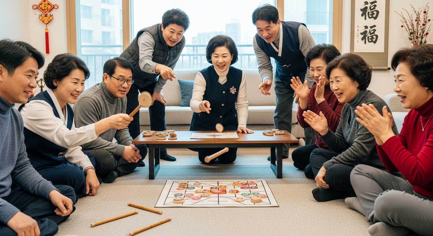 가족들이 실내에서 전통 윷놀이를 하며 즐기고 있는 모습, 미션 카드가 함께 있는 장면