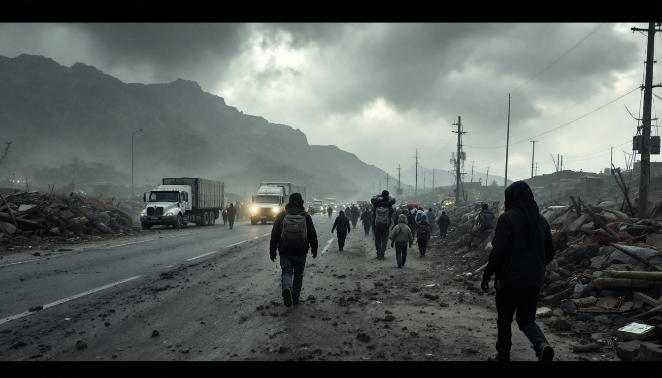 국경을 넘어 시리아로 재피난하는 성인 피난민들과 인도주의 구호 차량, 훼손된 인프라를 보여주는 장면