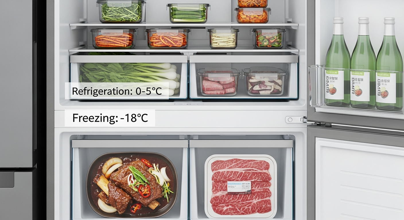 나물은 냉장 보관, 육류는 냉동 보관을 각각 구분하여 저장하는 냉장고 단면도