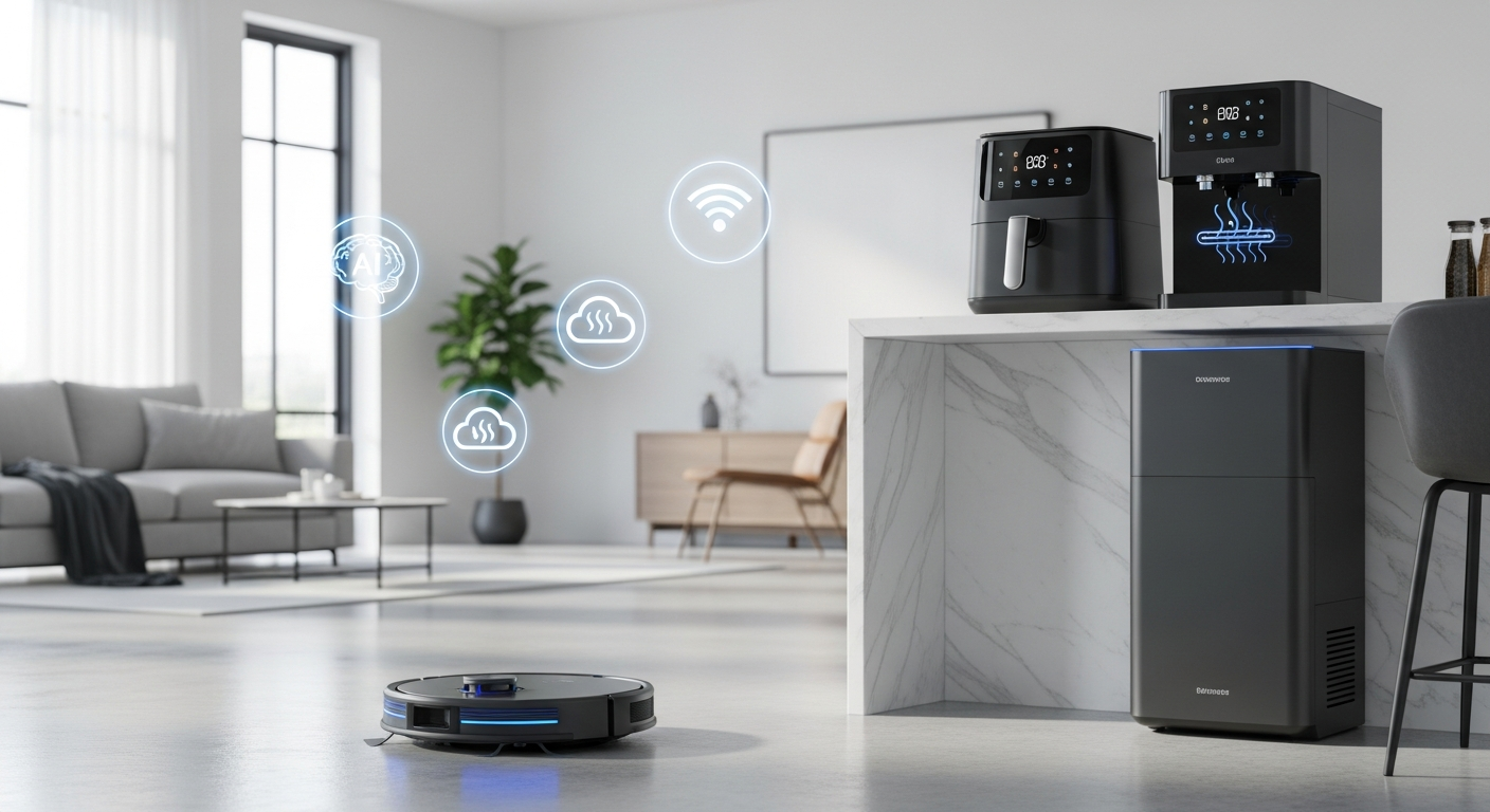 2026년 최신 자동화와 위생 기능을 강조하는 로봇청소기와 에어프라이어가 있는 현대적인 거실과 주방 모습