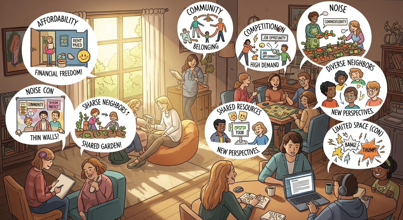 공공임대주택에 거주하는 청년들이 커뮤니티 공간에서 후기를 나누는 따뜻한 동화풍 일러스트