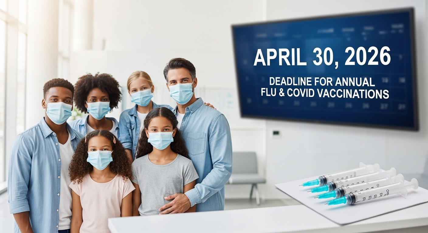 독감 및 코로나19 백신 접종 마감일을 강조하는 건강한 가족의 이미지