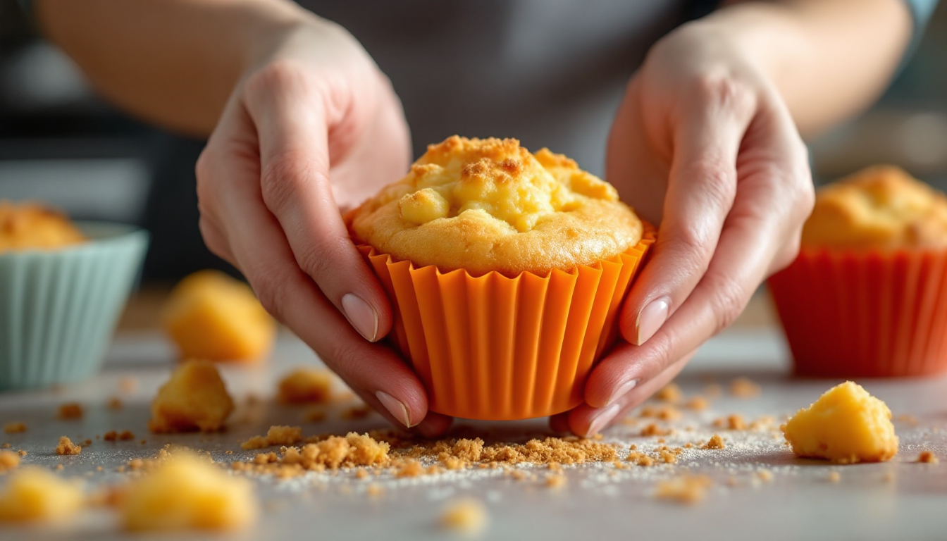 한국인 제빵사가 실리콘 몰드를 구부려 논스틱으로 머핀을 쉽게 꺼내는 매크로 사진