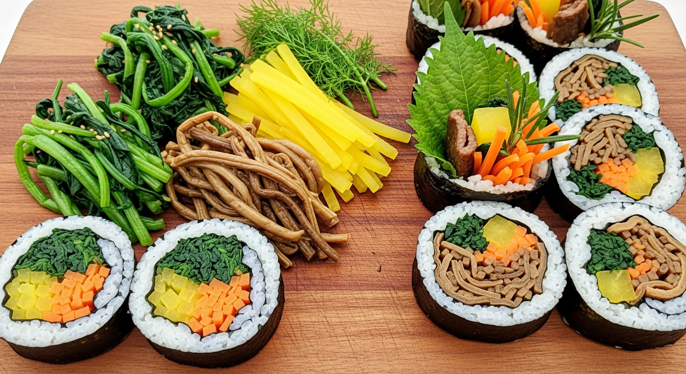 다양한 나물이 준비되고 다채로운 나물 김밥이 잘 말려져 있는 모습