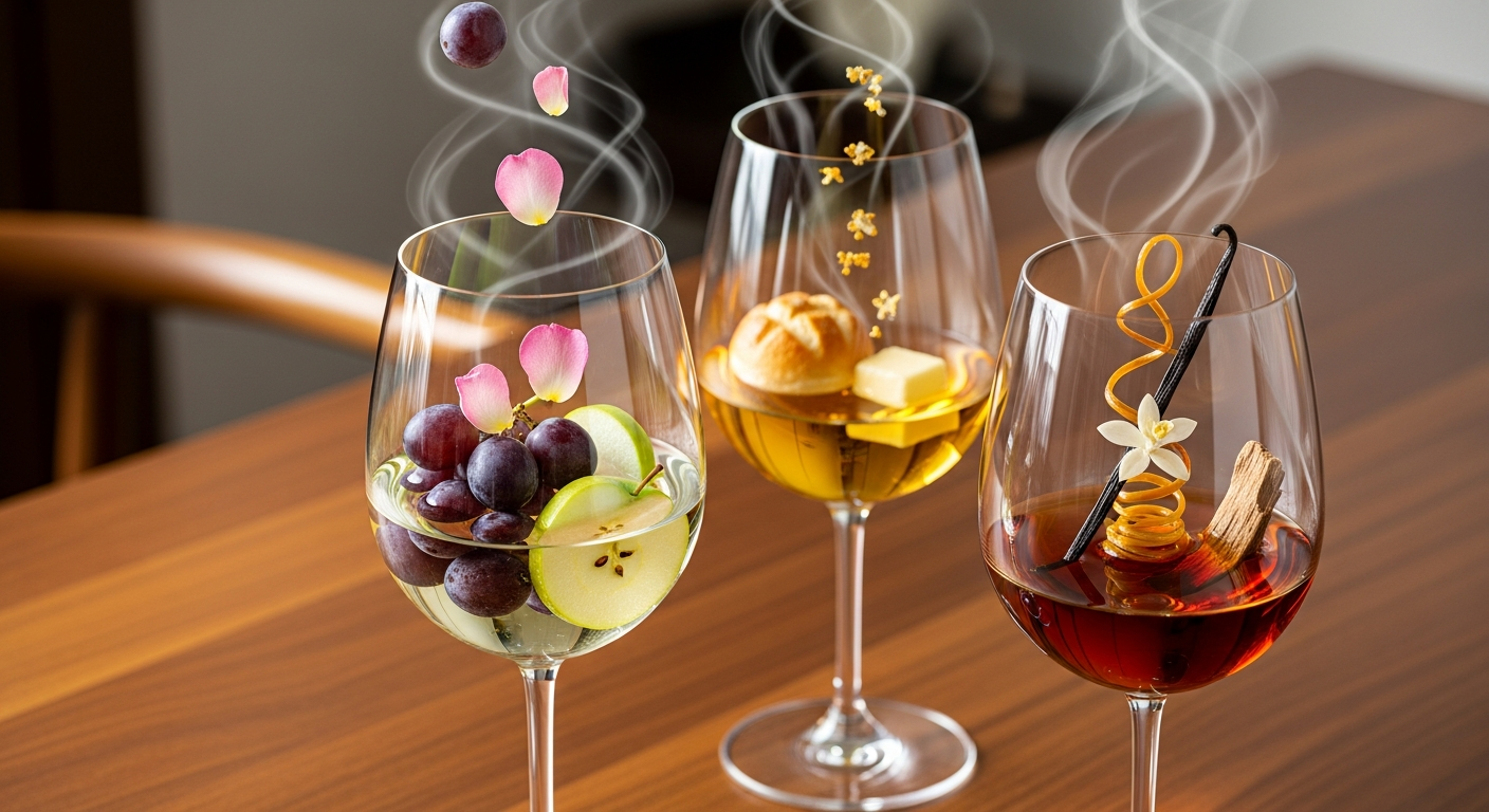 와인의 3단계 향기 특징을 표현한 와인잔 3개 이미지