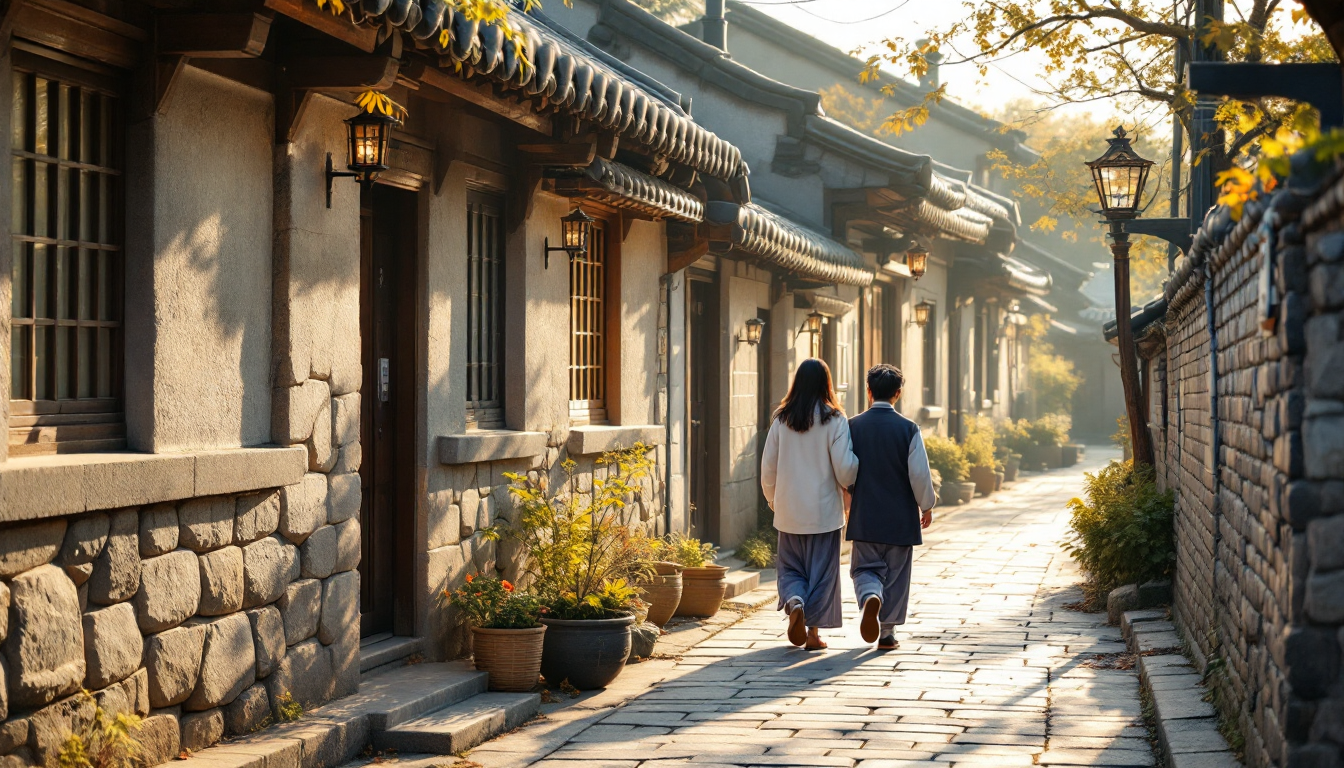 삼청동 돌담길 한옥 갤러리 앞을 함께 거니는 한국인 커플