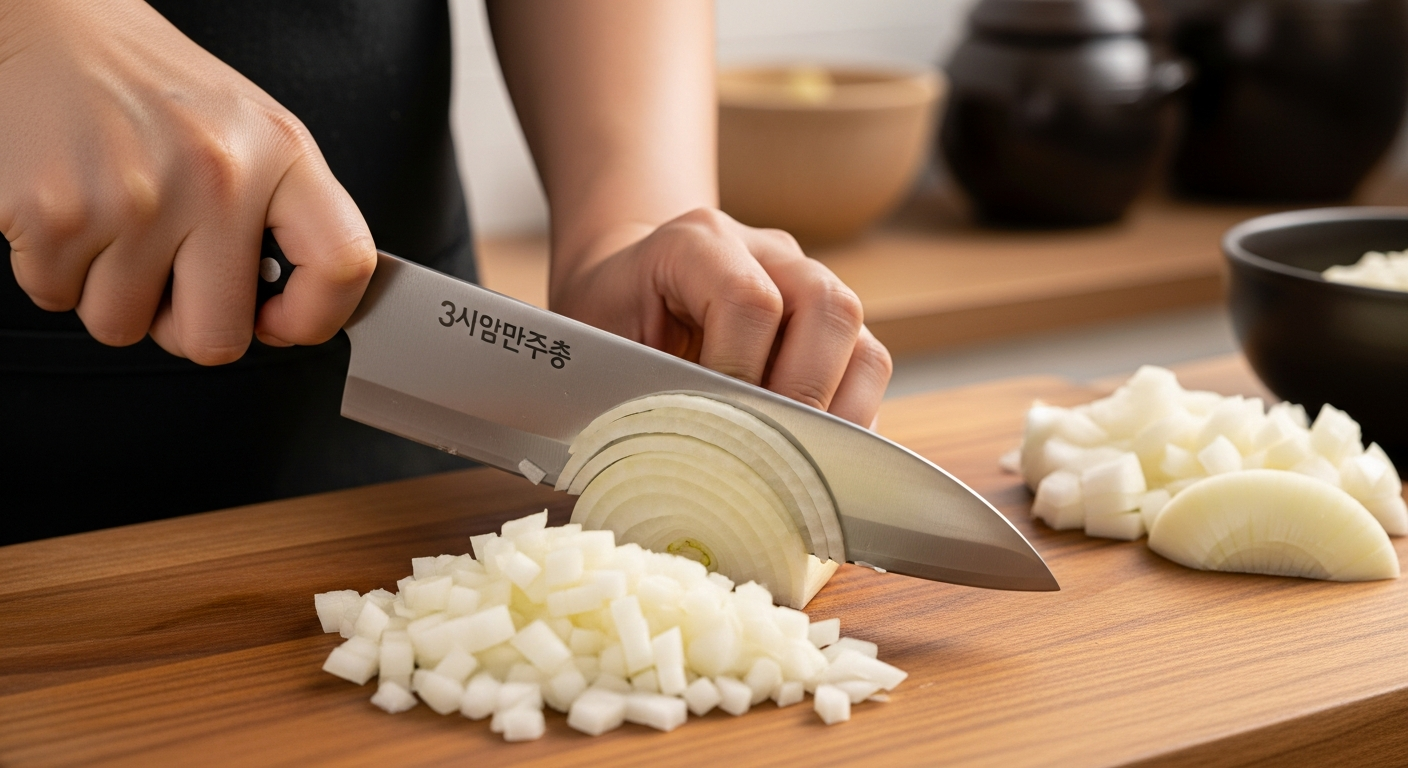 셰프 나이프를 이용해 양파를 다지는 리드미컬한 록킹 모션과 균일하게 다진 양파가 보이는 장면