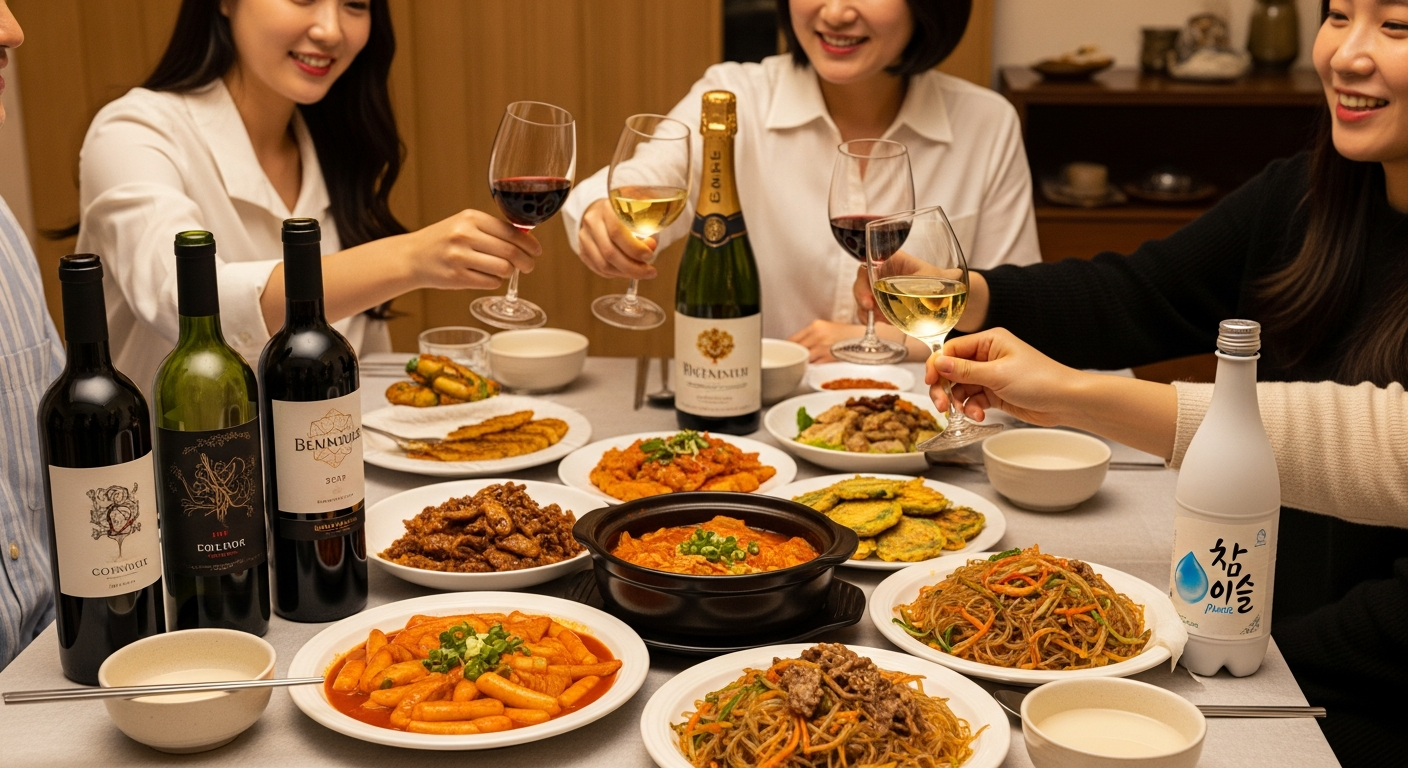 한국 가정에서 열린 홈파티에서 다양한 와인과 음식이 함께 있는 모습