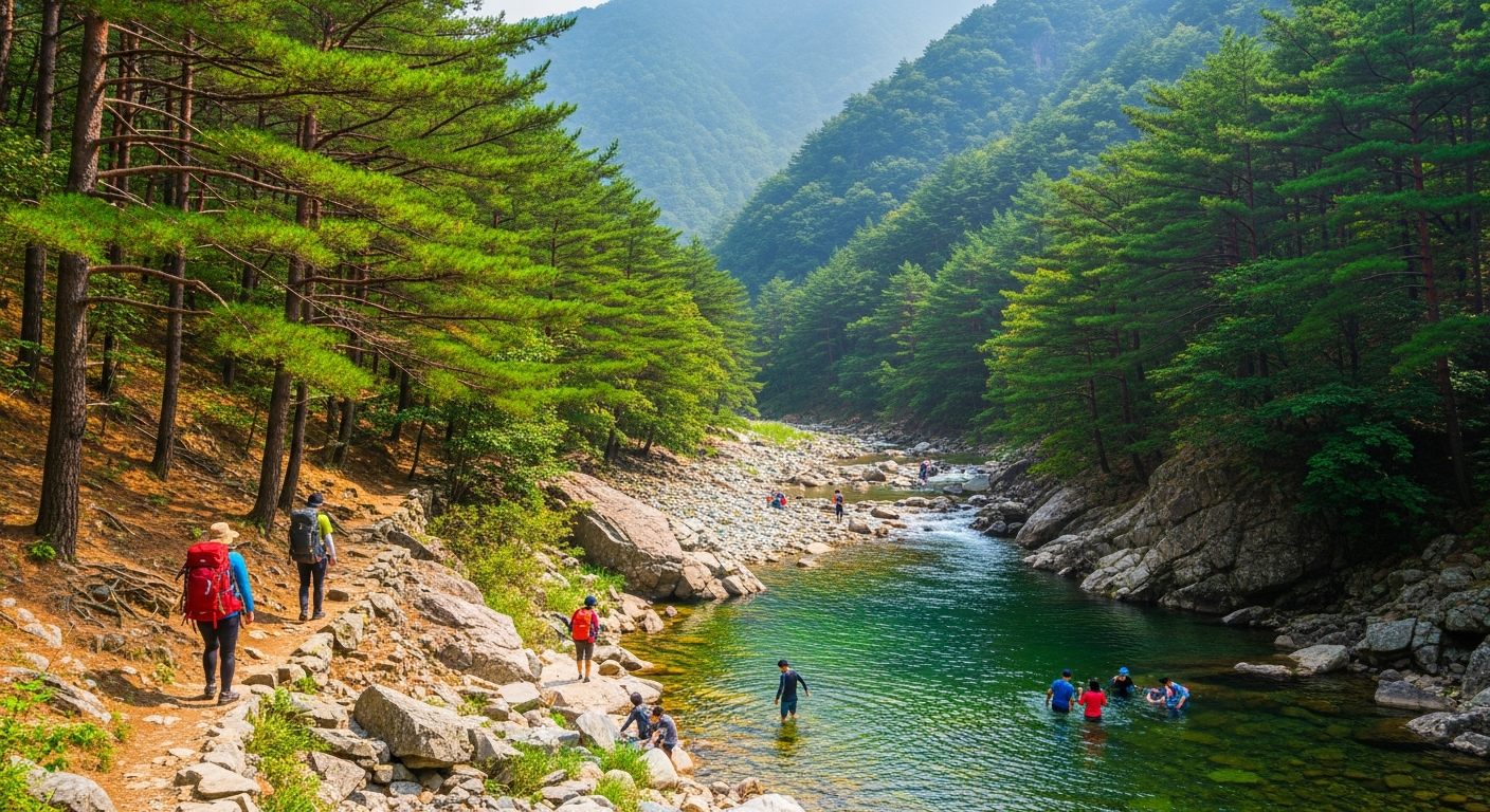 울진의 청정 자연 계곡과 숲에서 트레킹과 물놀이를 즐기는 모습
