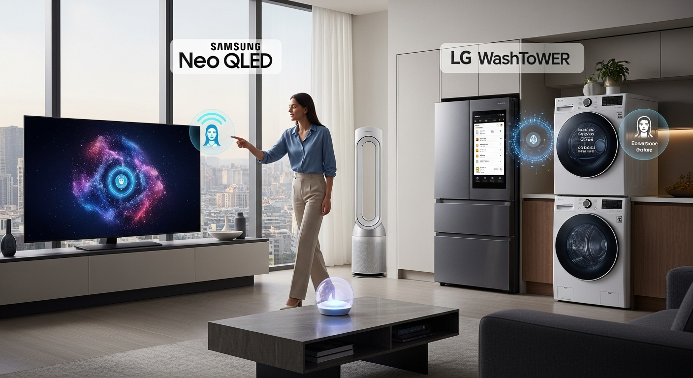 삼성과 LG 최신 가전제품이 배치된 현대적인 거실 풍경, AI 기능과 스마트 홈 환경을 강조