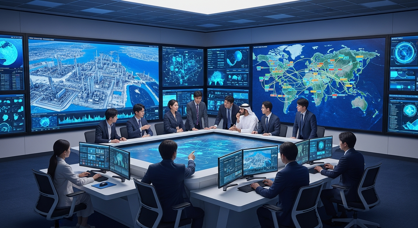 위성 이미지와 사이버 맵을 보며 한중동 전문가들이 에너지 안보와 사이버 협력을 논의하는 합동 작전실 모습