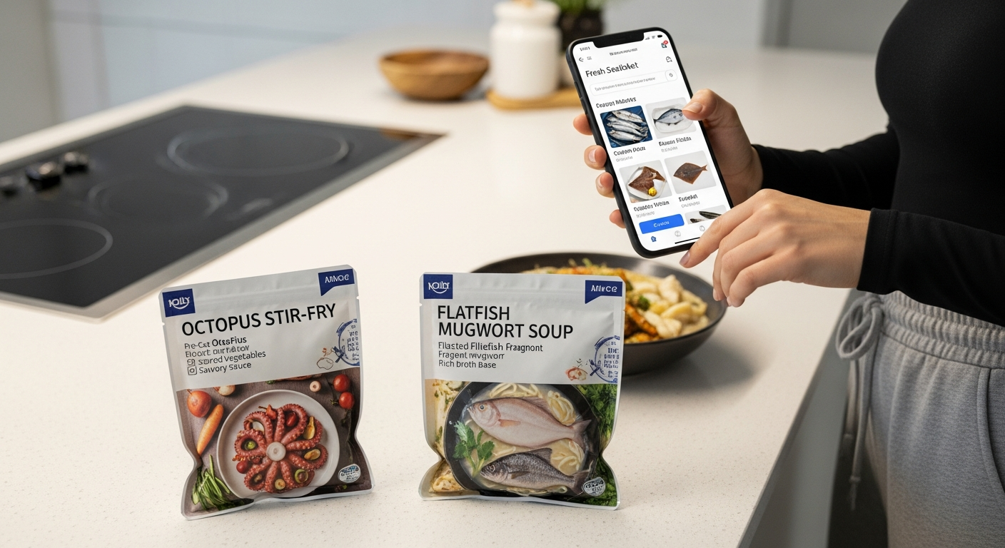 온라인 직배송 서비스와 밀키트로 쉽게 해산물을 구매하고 조리하는 현대적인 가정 풍경