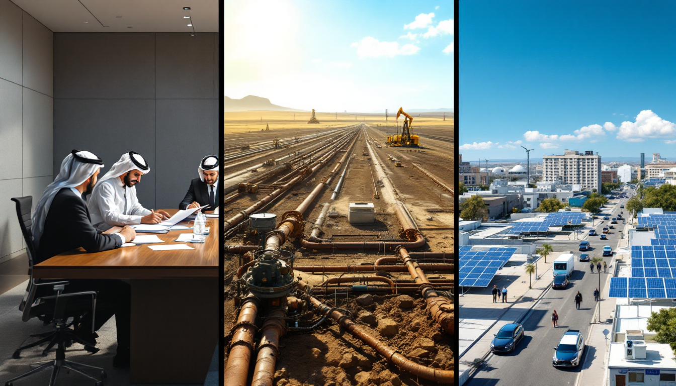 OPEC 회의 장면 미국 셰일 유전 펌프잭과 전기차 충전소 태양광을 함께 보여주는 석유가격 결정 요인 시각화 이미지