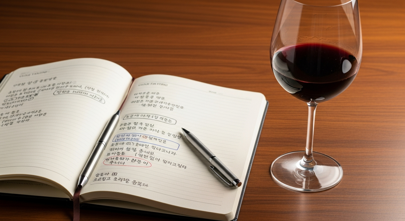 와인 테이스팅 노트에 향과 맛을 기록하는 장면