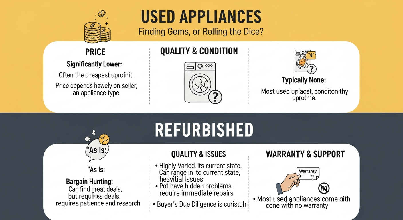 중고 가전제품과 리퍼브 가전제품 차이점과 장단점을 설명하는 인포그래픽 일러스트