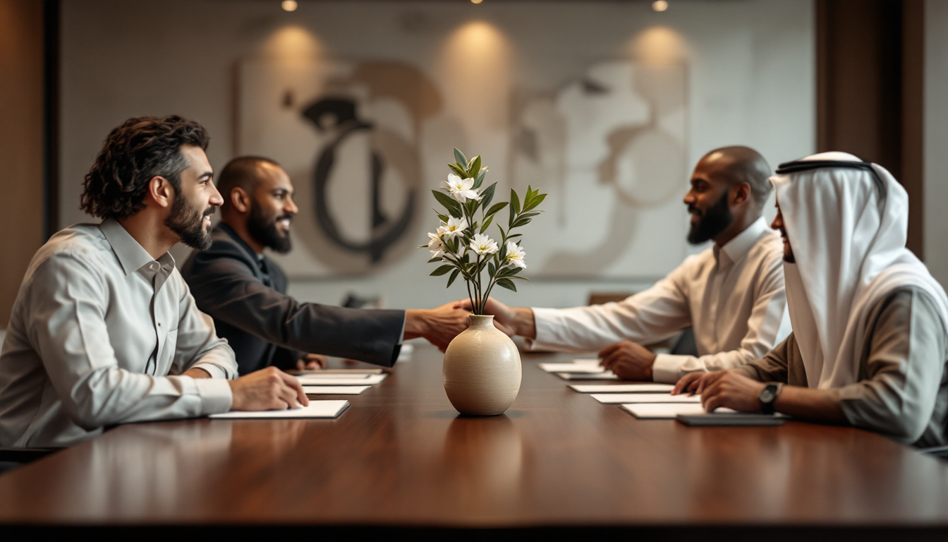 중동 대표들이 둥근 테이블에 앉아 문서를 교환하고 악수하며 평화 가능성을 모색하는 희망적인 회의 장면