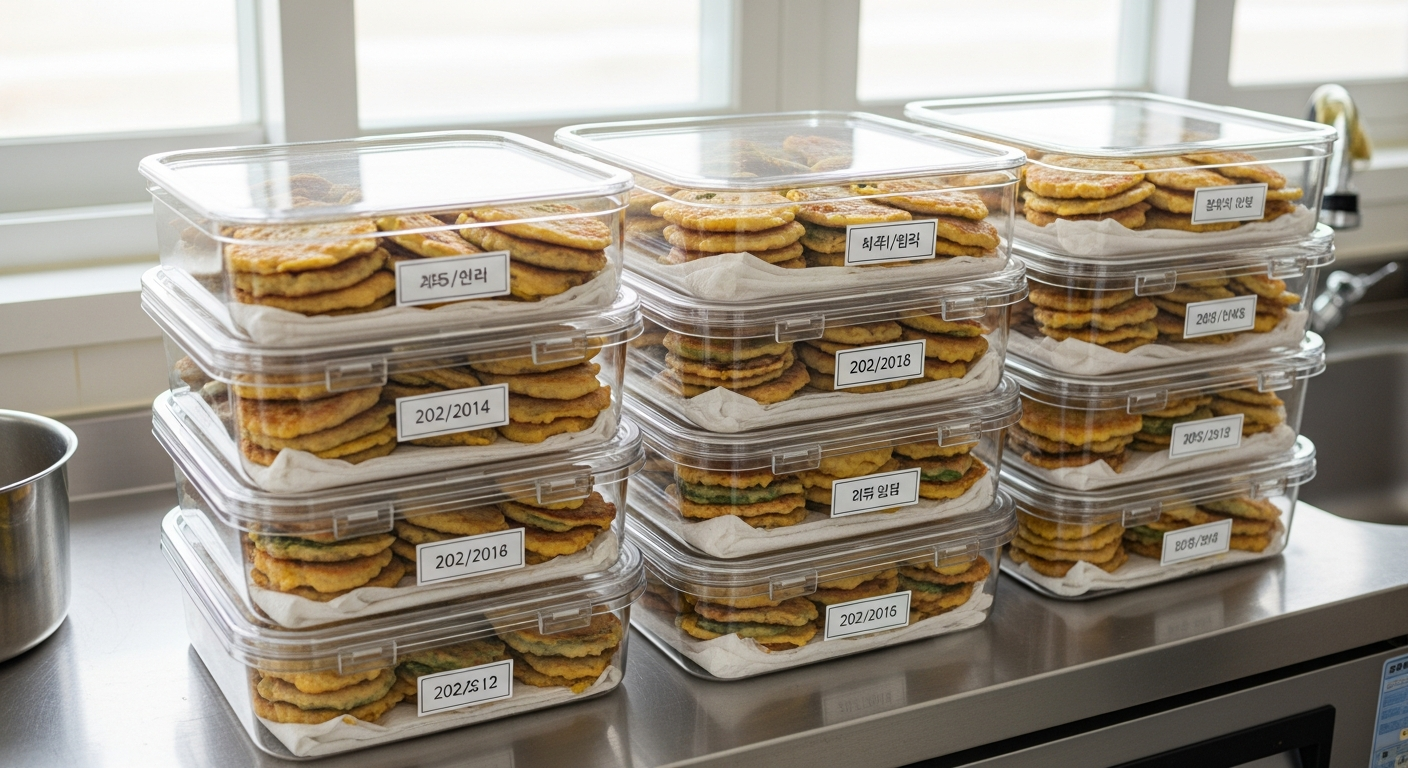 남은 전을 완전히 식혀 키친타월과 밀폐 용기에 보관하는 모습