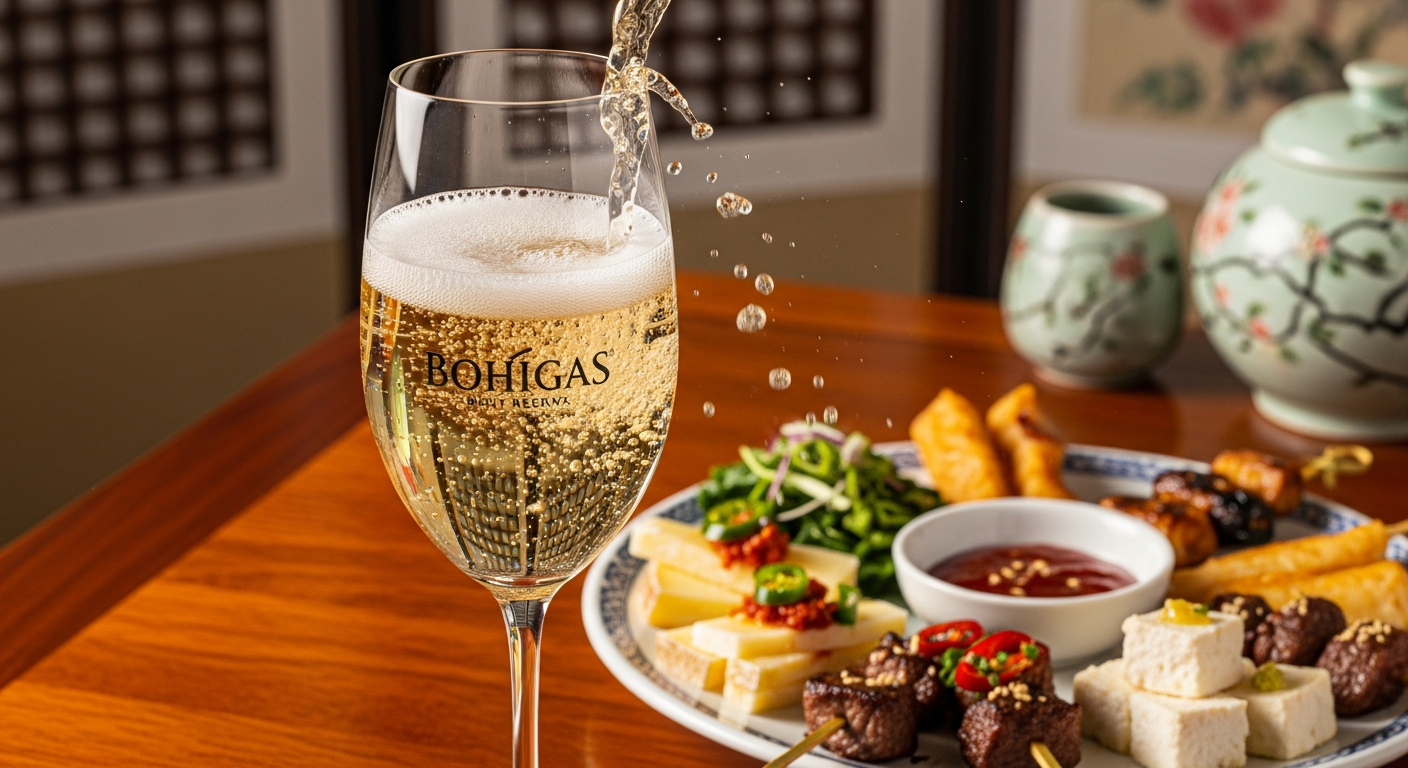보히가스 까바 스파클링 와인이 유리잔에 따라지는 모습과 한국식 핑거푸드가 담긴 접시