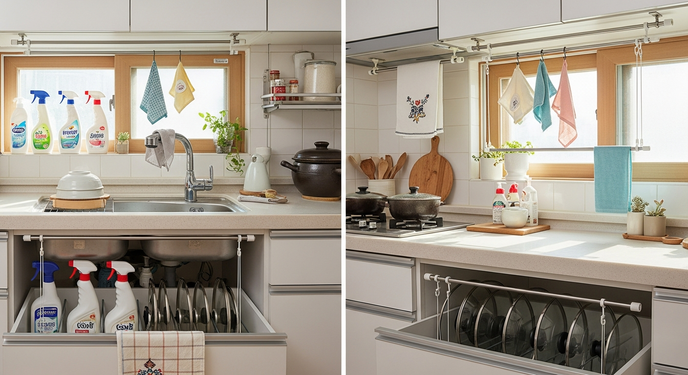 압축봉을 활용한 다양한 주방 수납 아이디어를 따뜻한 일러스트 스타일로 표현한 이미지