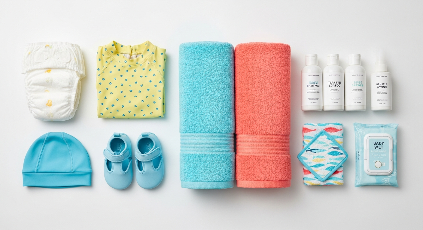 아기 온천 여행 준비물 체크리스트의 필수 아이템들을 놓은 상세 평면 사진