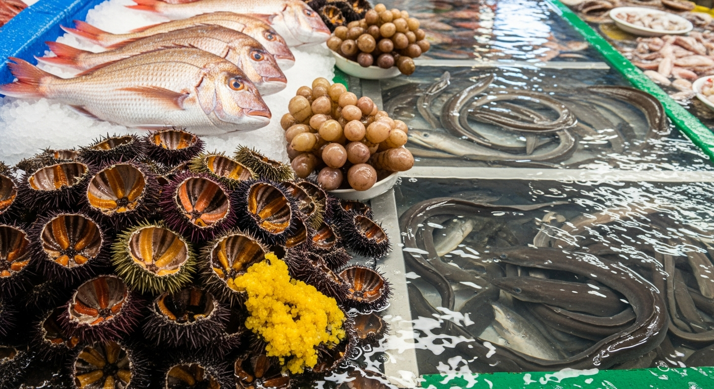 6월의 바다와 시장에서 신선한 성게, 참돔, 장어, 멍게가 진열된 모습