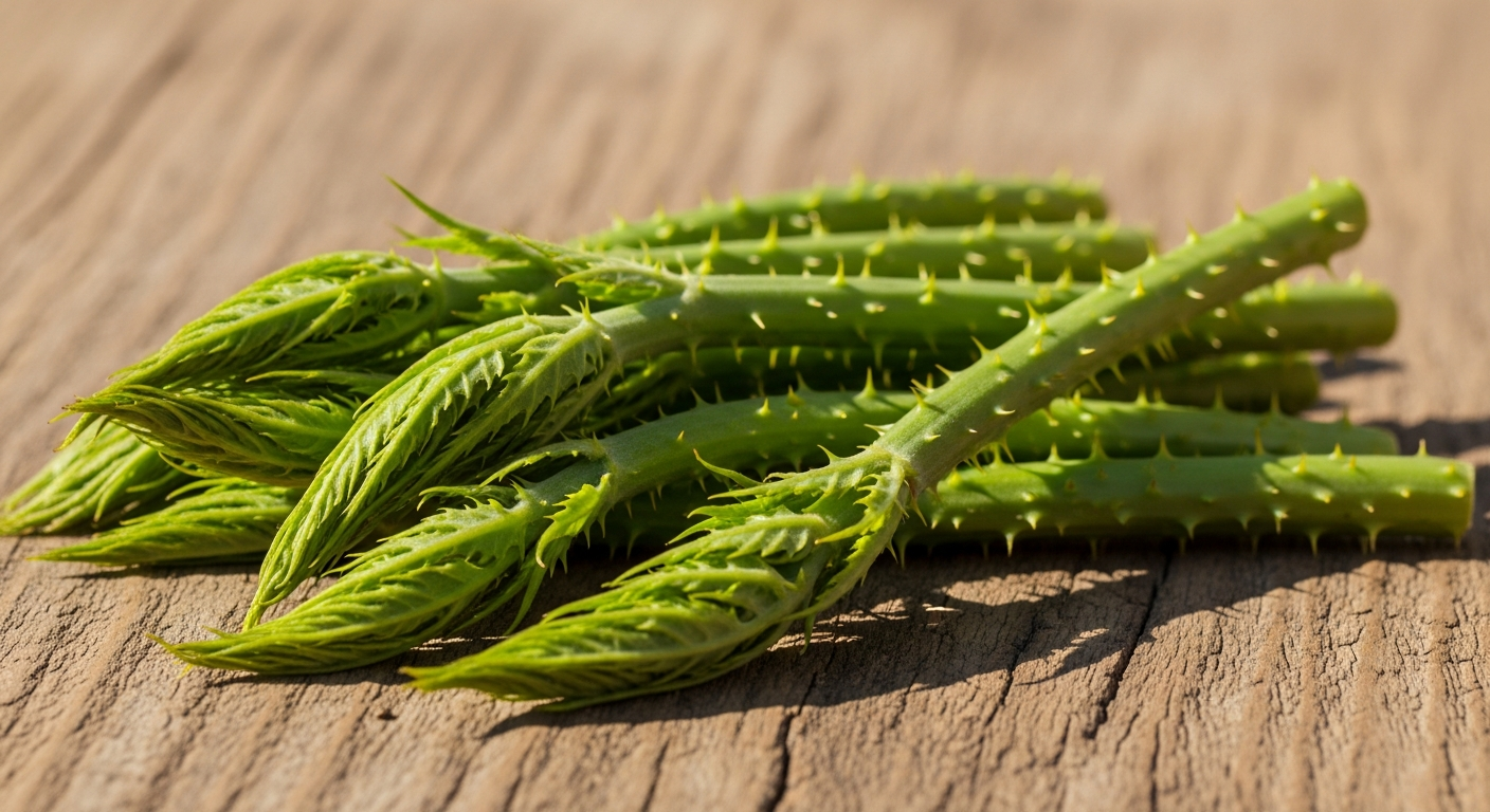 향긋한 두릅이 나무 바닥 위에 신선하게 놓여있는 모습
