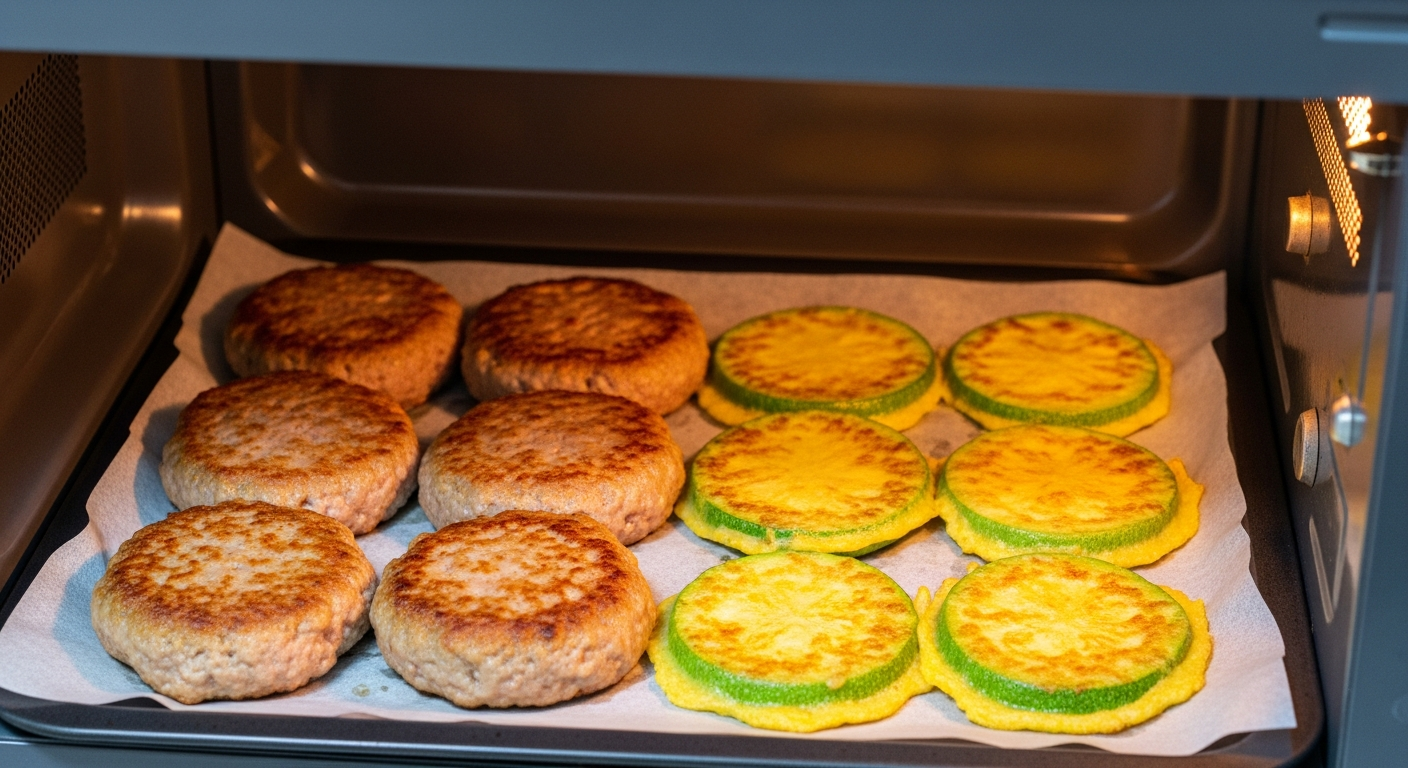 기름 없이 전자레인지에서 조리 중인 동그랑땡과 애호박전