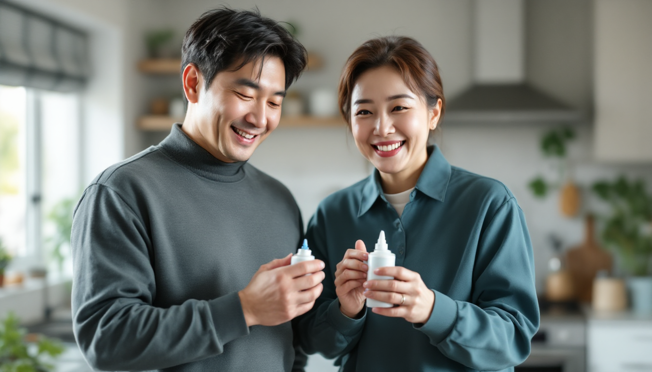 체중계 위에 선 한국인 부부와 혈당측정기를 든 모습, 밝은 주방 배경