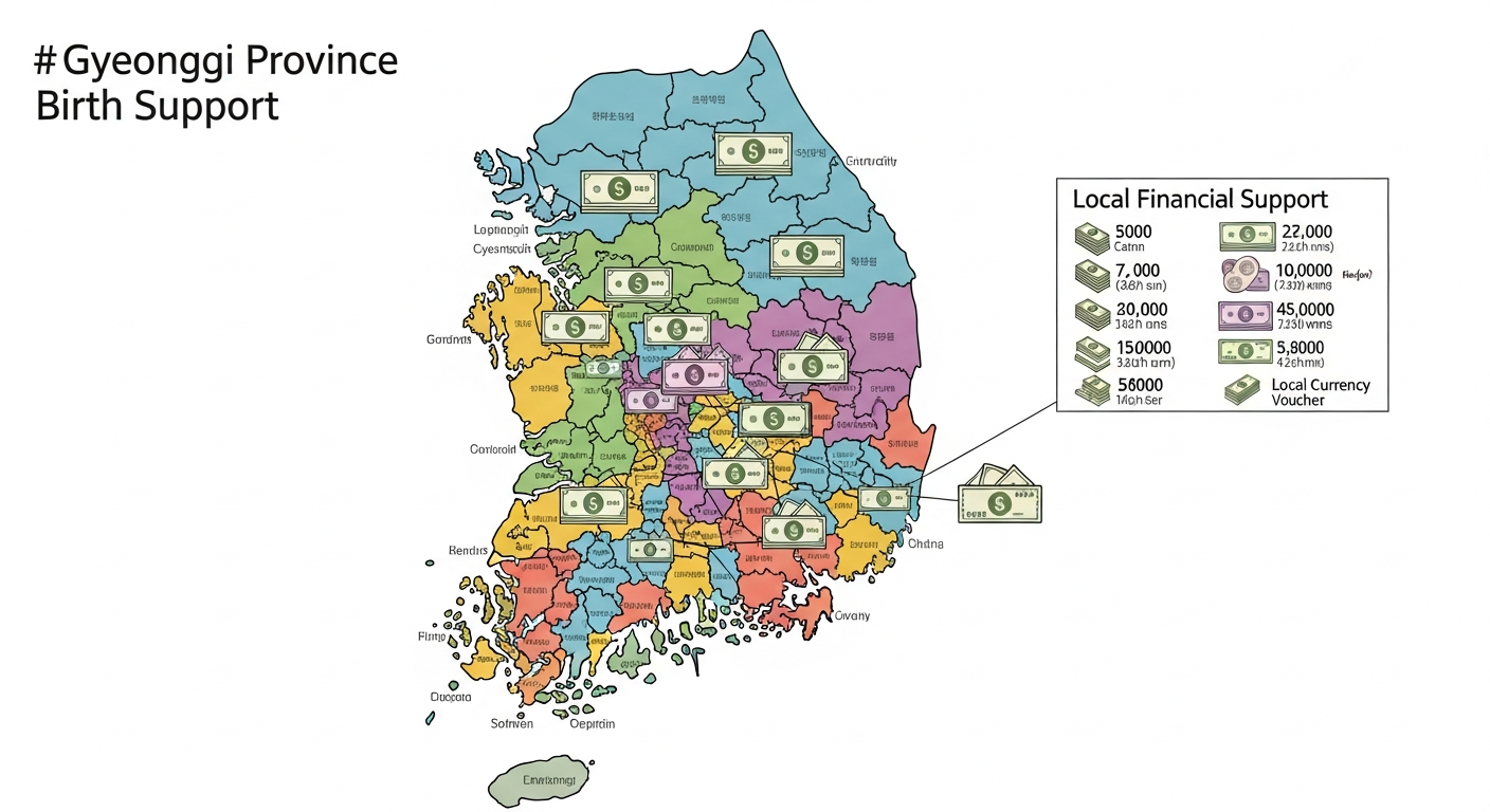 경기도 시군별 출산 지원금 차이를 나타내는 지도로 각 지역별 현금 및 지역화폐 지원 표시