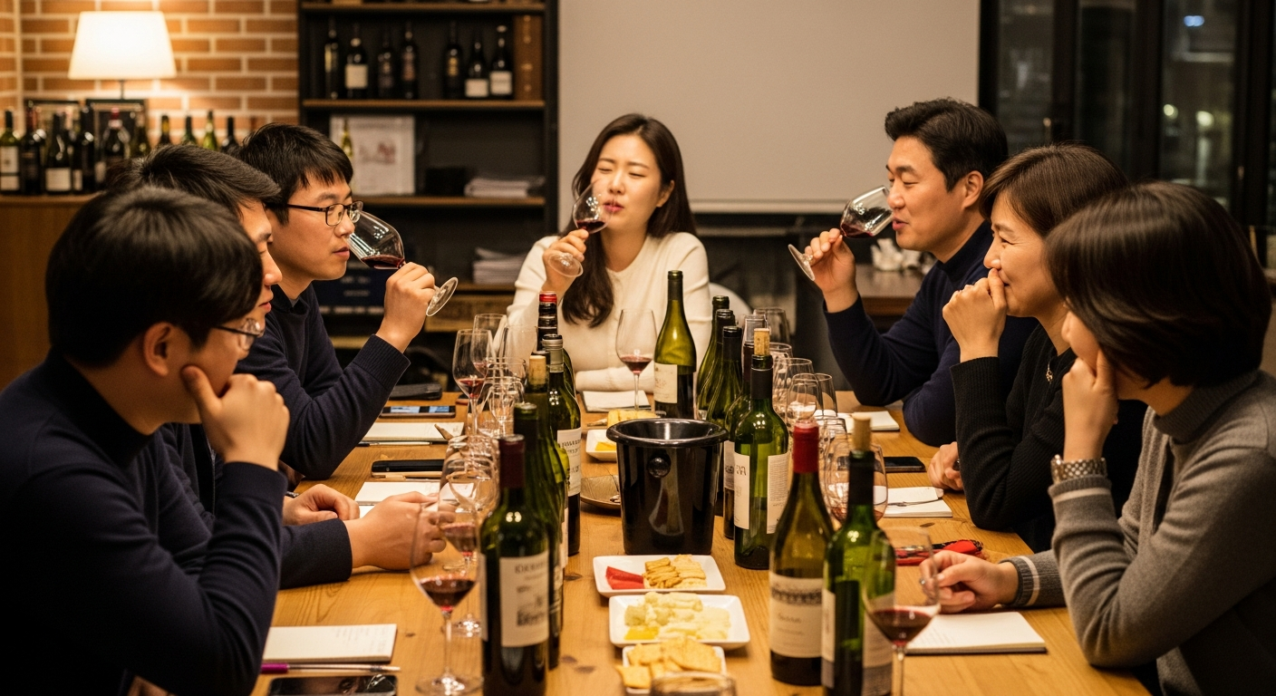 한국인이 함께 모여 와인 여러 병과 잔을 놓고 와인 테이스팅을 하며 대화하는 모습