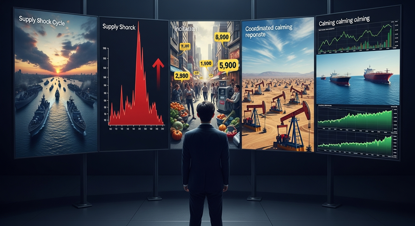 공급충격의 다섯 단계 시퀀스를 대형 스크린으로 설명하는 한국인 금융 분석가의 장면
