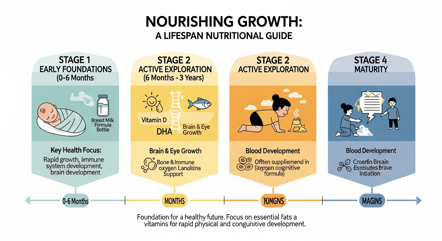 성장 단계별 필요한 영양소를 보여주는 인포그래픽