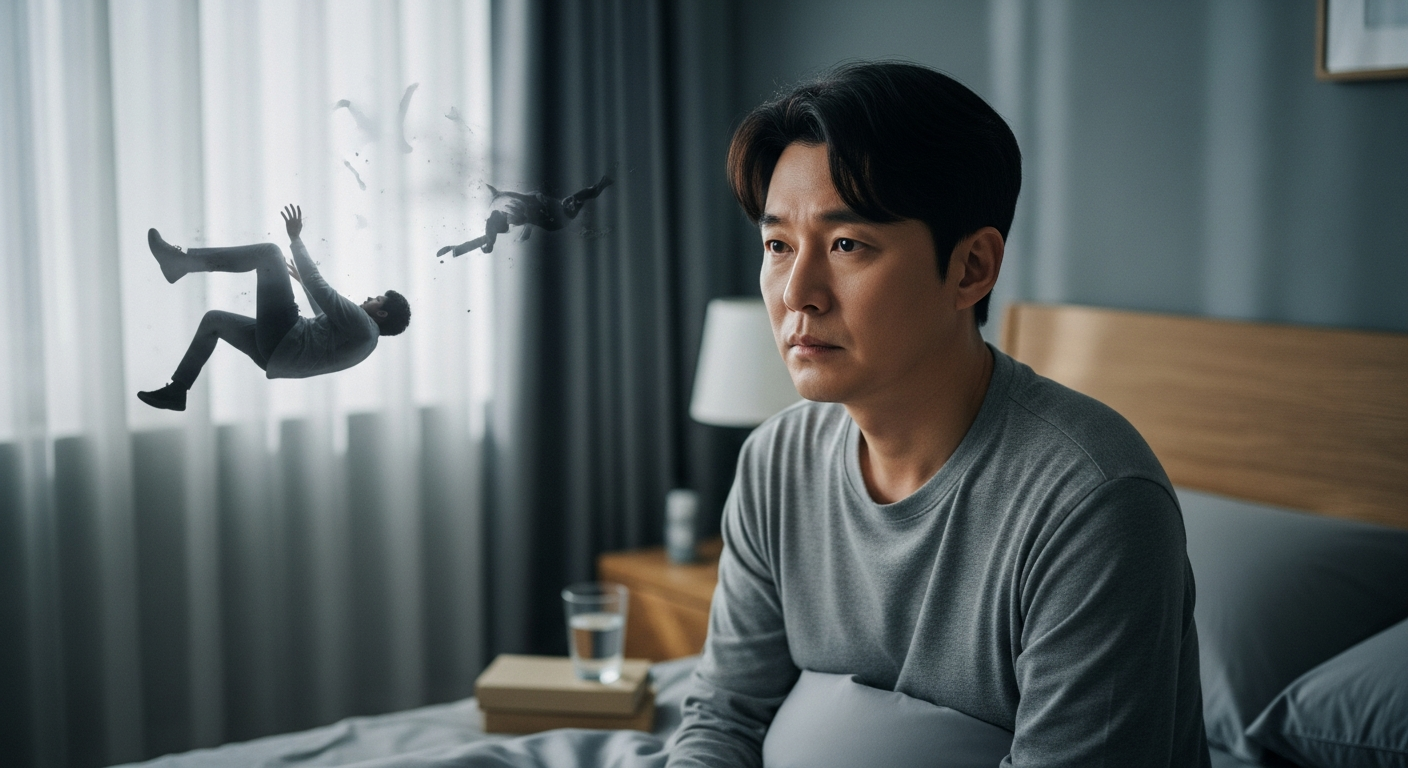 무의식이 보내는 마음의 신호를 표현한 한국인 성인의 침실 배경 이미지