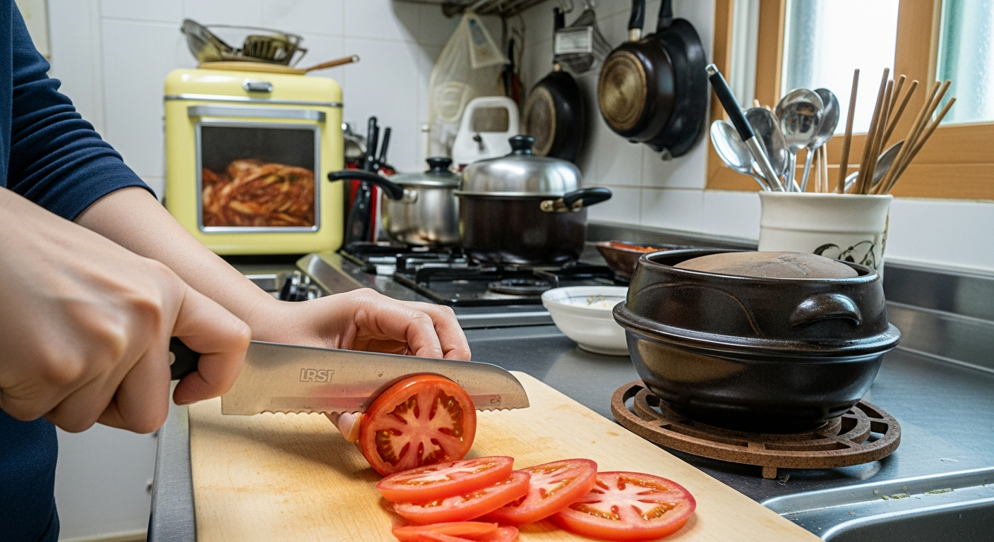 빵칼로 잘 익은 토마토를 부드럽게 썰고 있는 모습, 깨끗한 단면이 돋보이는 장면
