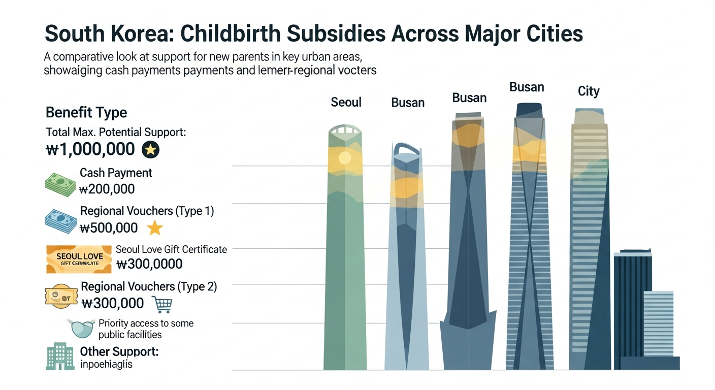 전국 주요 도시별 출산장려금 비교 차트와 다양한 지원 형태 아이콘