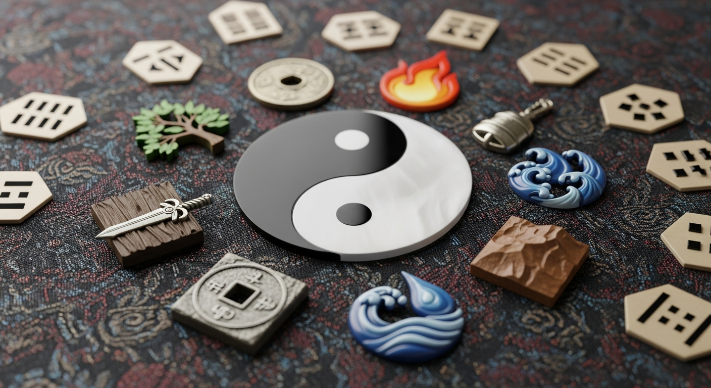 음양오행과 주역 괘 등의 동양 운명술 상징들이 전통 한국 문양 천 위에 놓여 있는 모습