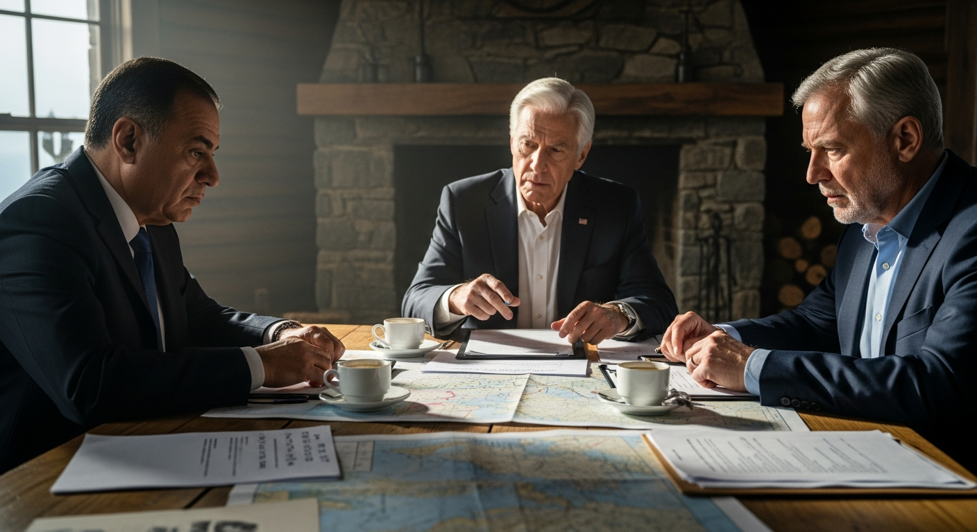 캠프 데이비드의 산장 내부에서 이집트 지도자 이스라엘 지도자 미국 대통령이 협상 문서와 지도를 앞에 두고 긴장감 있게 토론하는 장면 이미지