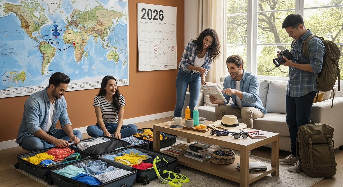 가족이 집에서 여행 준비를 하는 모습, 2026년을 표시한 달력과 세계지도