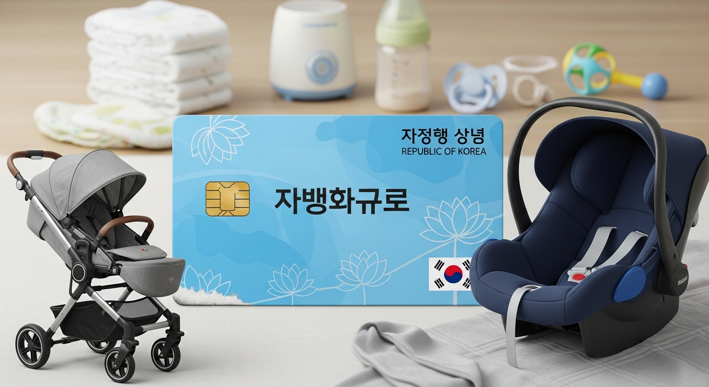 첫만남이용권 사용을 위한 국민행복카드와 아기용품 이미지