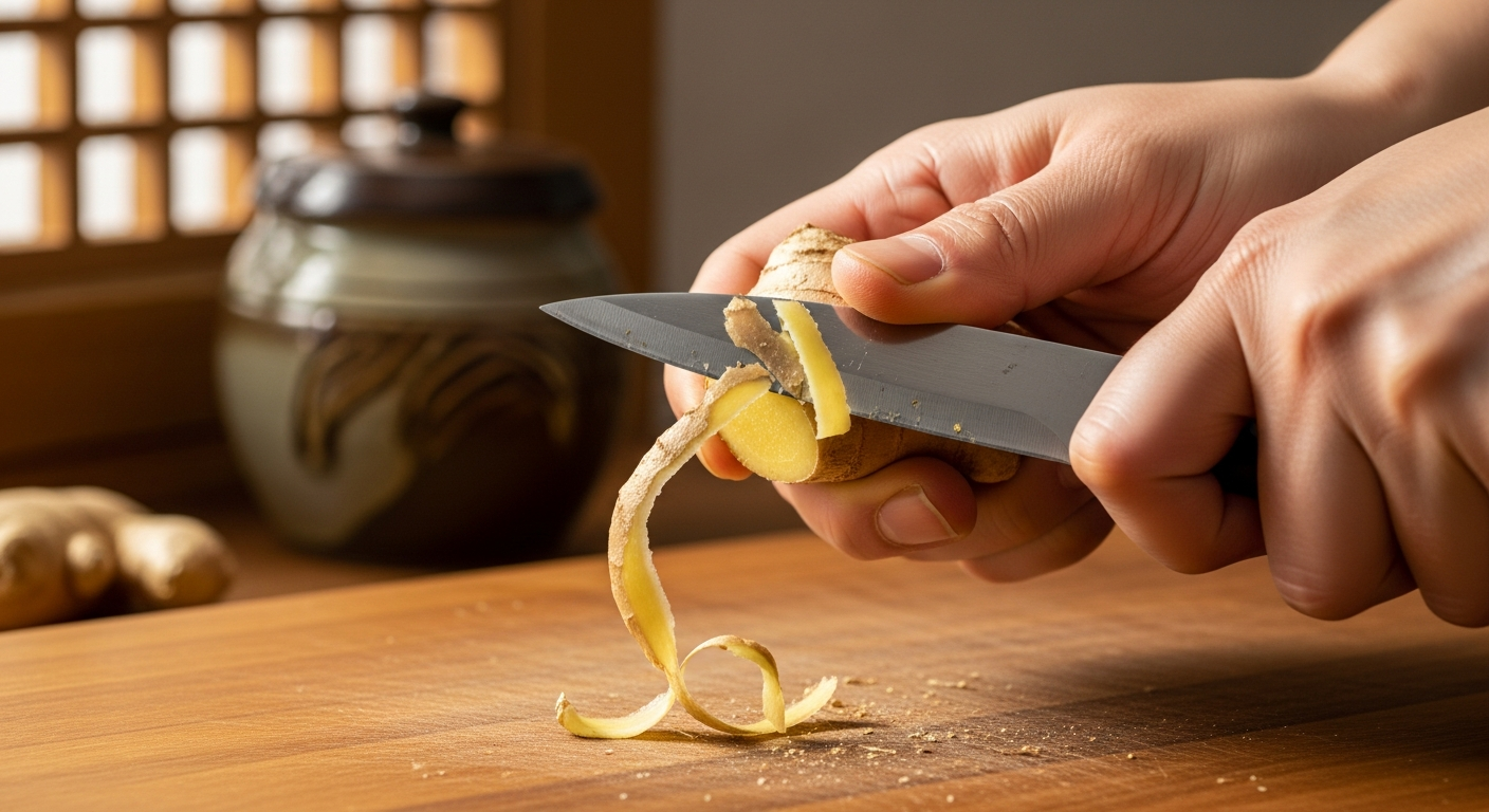 과도를 사용하여 생강 껍질을 벗기며 클로 그립 안전 자세를 보여주는 모습