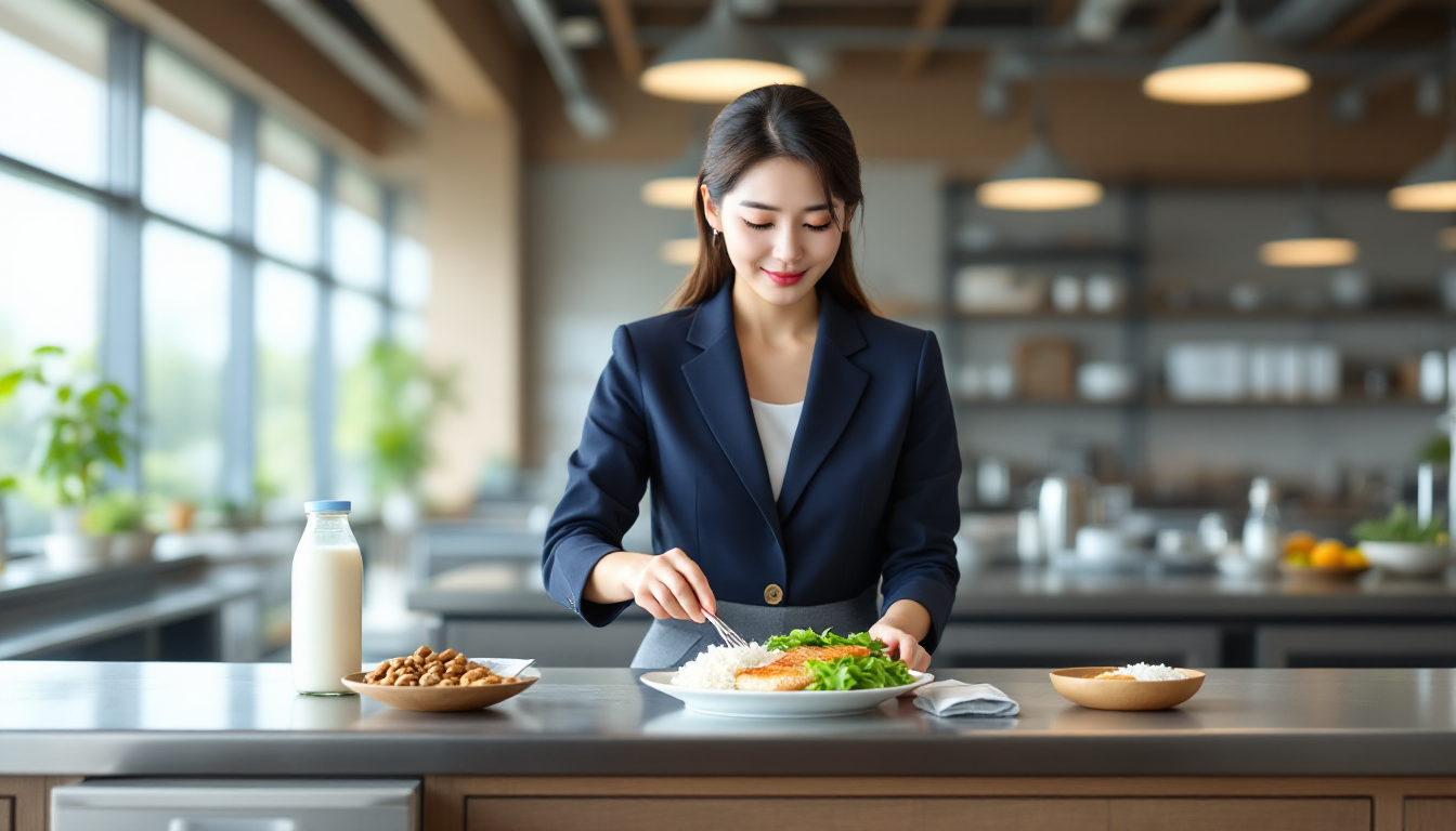 사무실 구내식당에서 샐러드 먼저 먹고 단백질과 소량의 밥으로 점심을 먹는 한국 직장인 여성의 실사 이미지