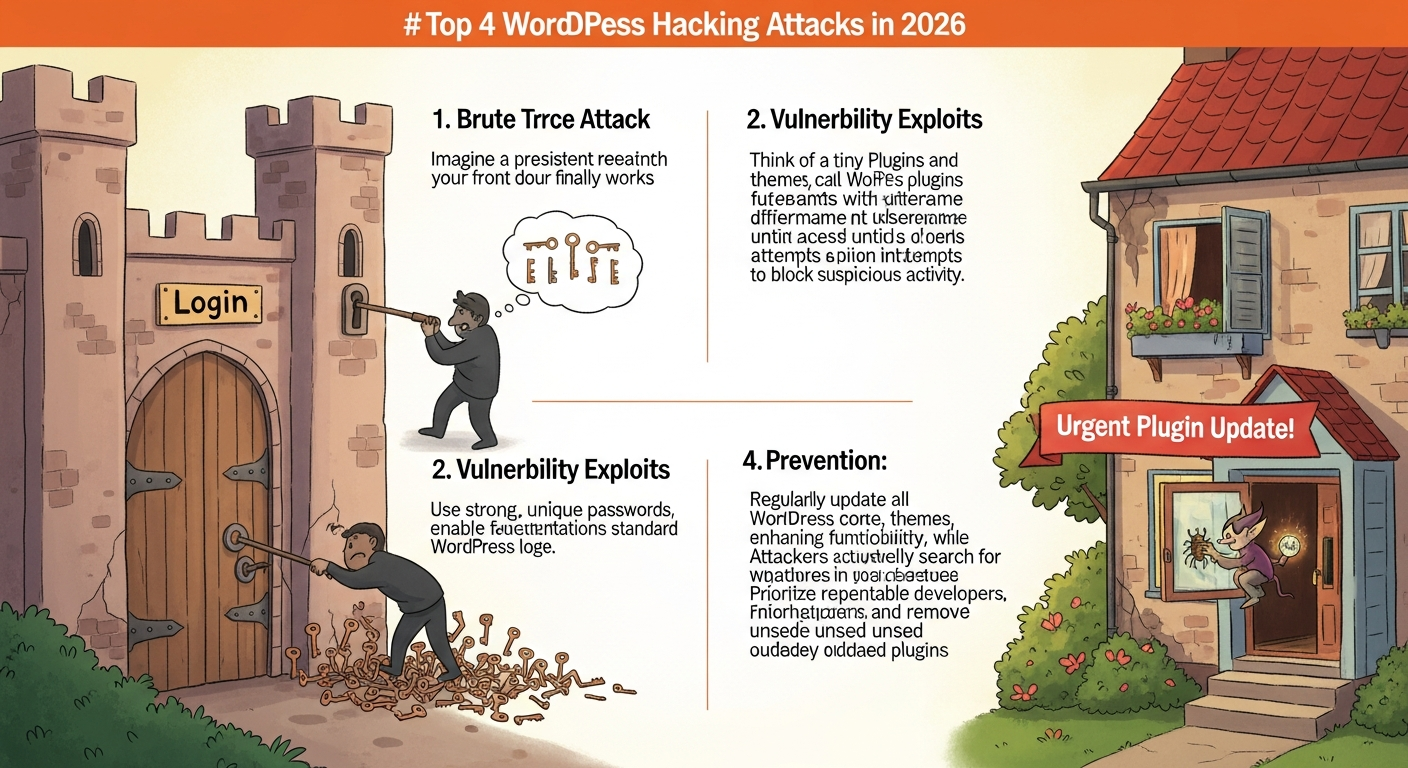 2026년에 빈번한 워드프레스 해킹 유형 TOP 4를 설명하는 인포그래픽 스타일 일러스트